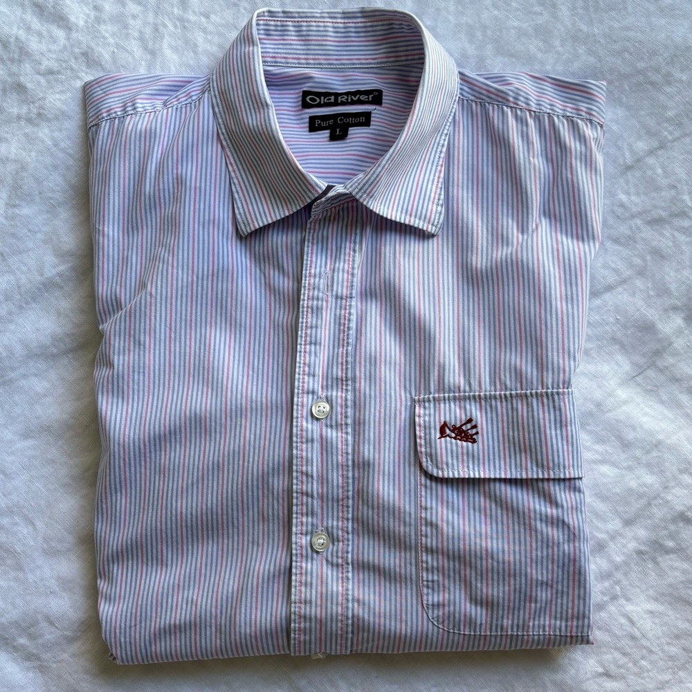 Old River Men’s Pure Cotton Striped Button Up Shirt Short Sleeve Size L